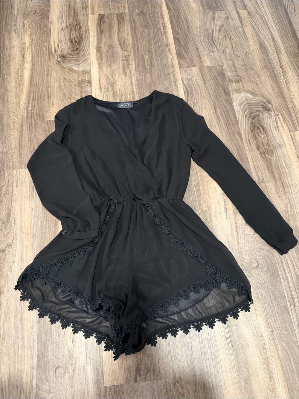 Astr Black Lace-Trim Long Sleeve Wrap Romper